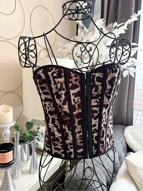 Leopard Black Brown Lace Up Corset Size S
